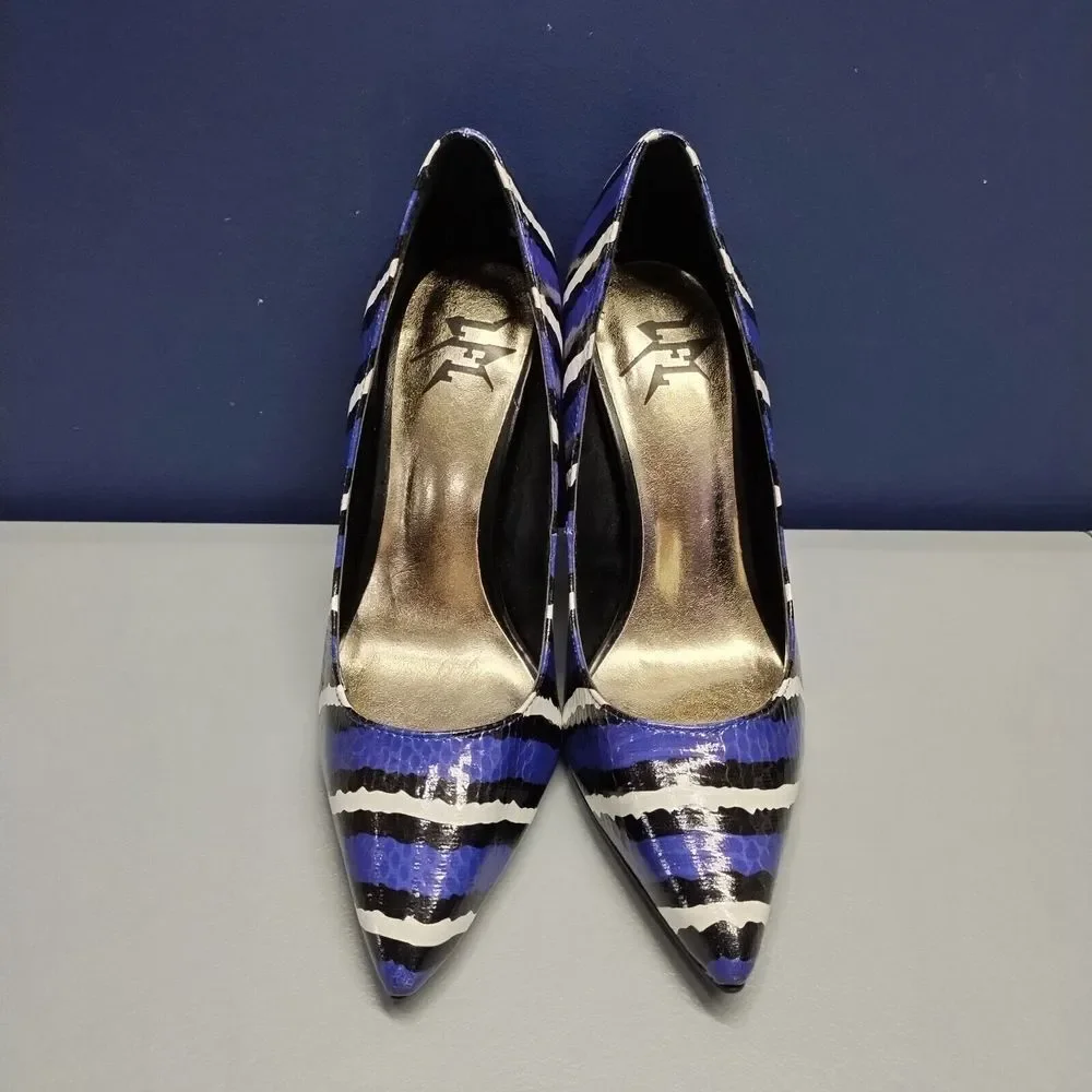 LFL Snakeskin Stiletto Pumps Heel Womens Sz 7 Purple Multi Pointed Toe Slip On - Picture 2 of 16